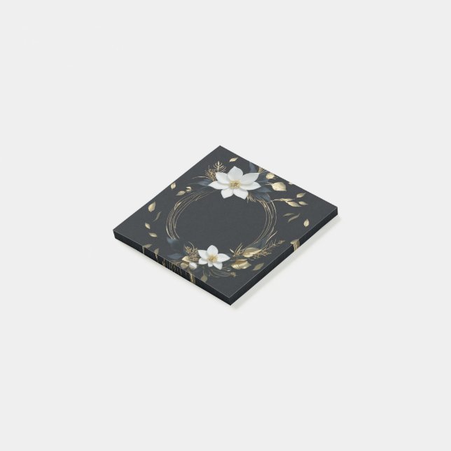 Elegant Black White and Gold Floral Wreath Wedding Post-it Notes (Angled)