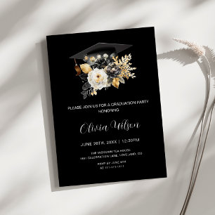 Elegant Black White and Gold Flowers Graduation  Invitation