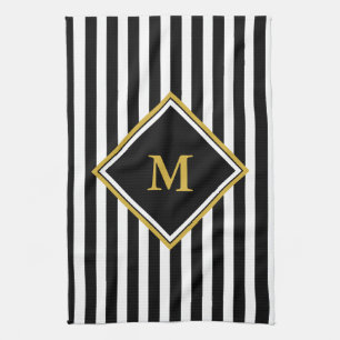 Elegant Black White and Gold Monogram Striped Tea Towel