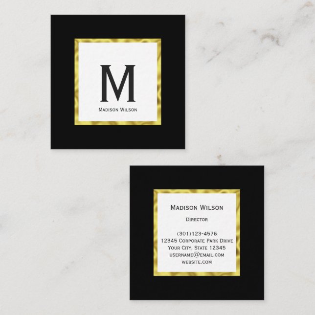 Elegant Black White and Gold Name Monogram Square Business Card (Front/Back)