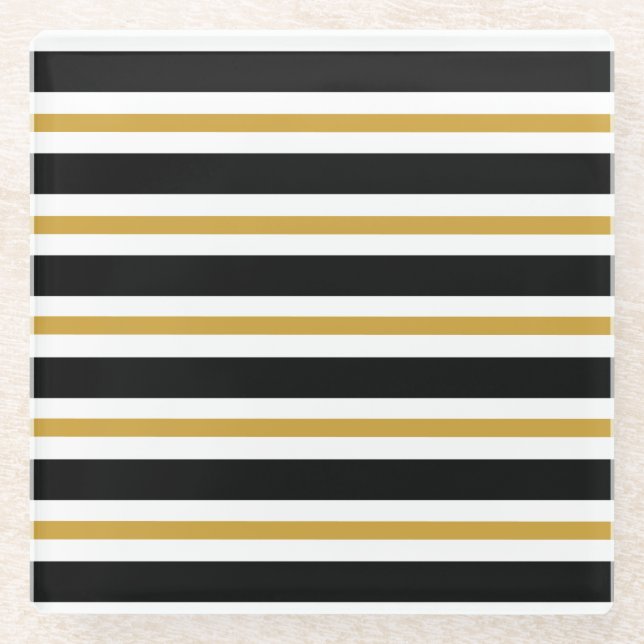 Elegant Black, White and Gold Stripes Glass Coaster (Front)