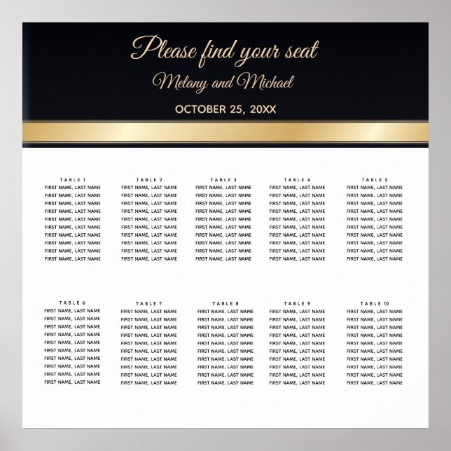 Elegant black white and gold wedding Seating Chart (Front)