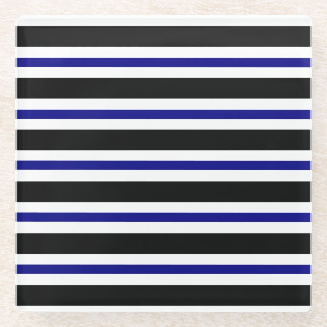 Elegant Black, White and Navy Blue Stripes Glass Coaster (Front)