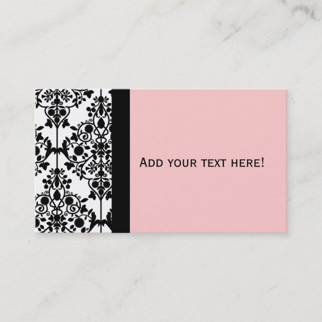 Elegant Black White and Pink Damask Business Card (Front)