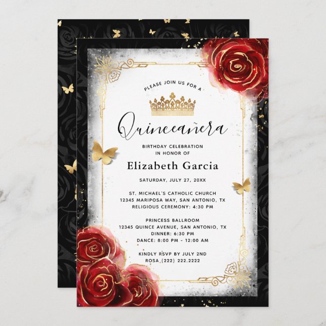 Elegant Black White and Red Quinceanera Invitation (Front/Back)