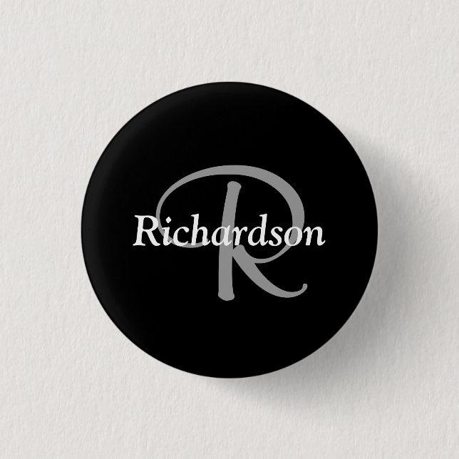 Elegant Black White and Silver Gray Monogrammed 3 Cm Round Badge (Front)