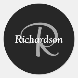 Elegant Black White and Silver Grey Monogrammed Classic Round Sticker