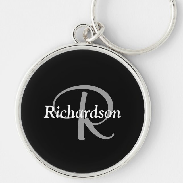Elegant Black White and Silver Grey Monogrammed Key Ring (Front)