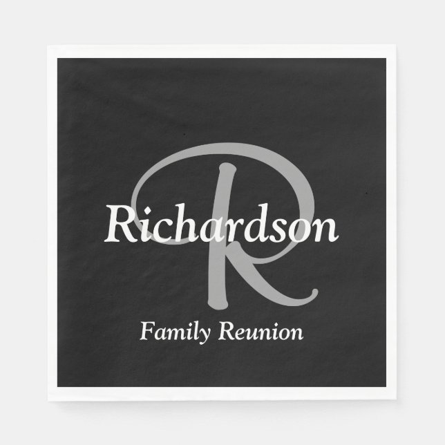 Elegant Black White and Silver Grey Monogrammed Napkin (Front)