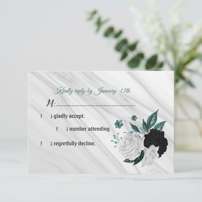 Elegant black white and teal blue flowers RSVP car Card (Standing Front)