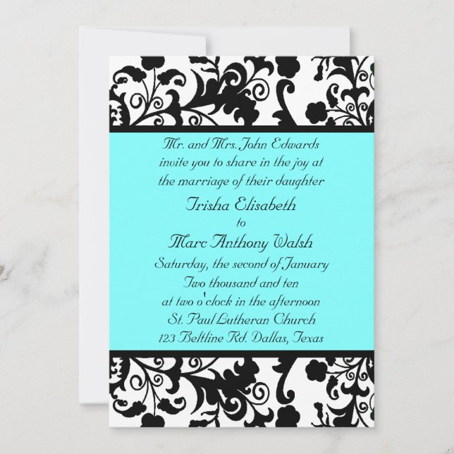Elegant Black, White, and Teal Wedding Invitation (Front)