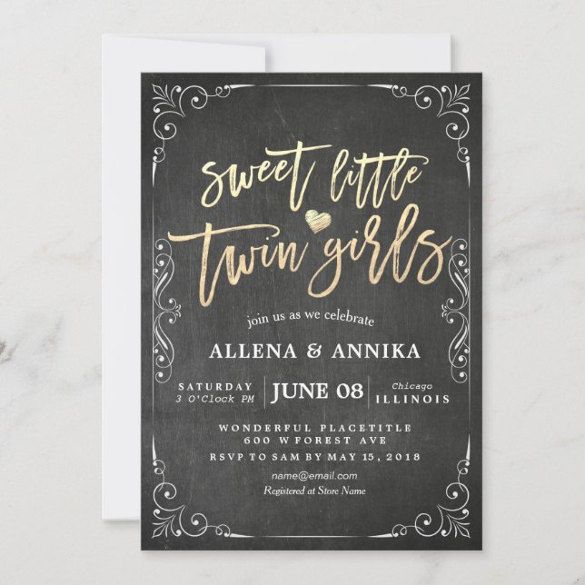 Elegant Black White Baby Shower Sweet Little Twins Invitation (Front)