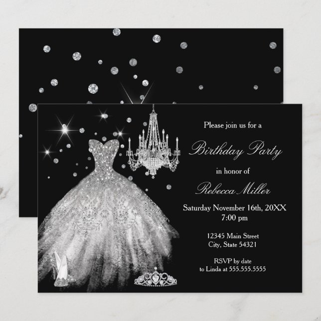 Elegant Black White Birthday Party silver heels Invitation (Front/Back)