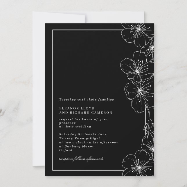 Elegant Black & White Blossom Floral Wedding Invitation (Front)