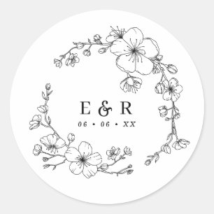 Elegant Black & White Blossom Monogram Wedding Classic Round Sticker