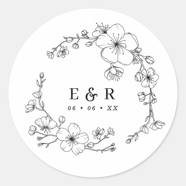Elegant Black & White Blossom Monogram Wedding Classic Round Sticker (Front)