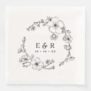 Elegant Black & White Blossom Monogram Wedding Napkin