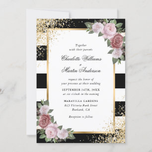 Elegant Black White Blush Pink Gold Wedding Invitation