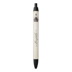 Elegant Black White Boho Floral Butterfly Moth Black Ink Pen