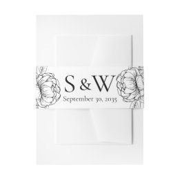 Elegant Black White Boho Floral Minimal Wedding Invitation Belly Band