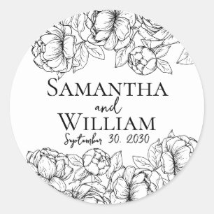 Elegant Black White Boho Floral Modern Wedding Classic Round Sticker