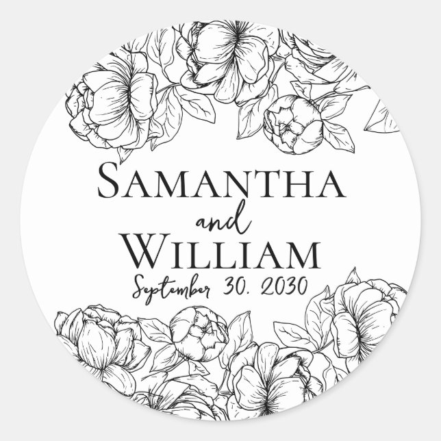 Elegant Black White Boho Floral Modern Wedding Classic Round Sticker (Front)