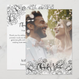 Elegant Black White Boho Modern Wedding Photo Thank You Card
