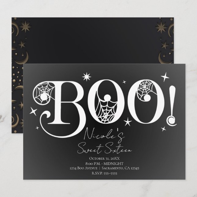 Elegant Black White BOO Magical Halloween Sweet 16 Invitation (Front/Back)
