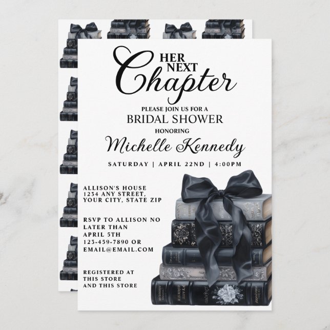 Elegant Black & White Book Themed Bridal Shower  Invitation (Front/Back)