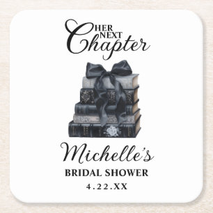 Elegant Black & White Book Themed Bridal Shower  Square Paper Coaster