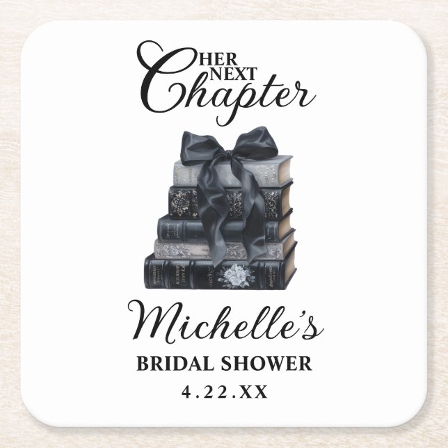 Elegant Black & White Book Themed Bridal Shower  Square Paper Coaster (Front)