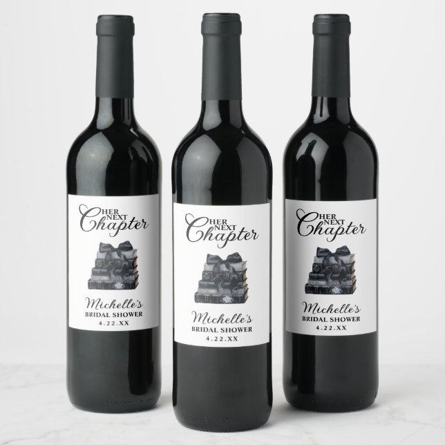Elegant Black & White Book Themed Bridal Shower  Wine Label (Bottles)
