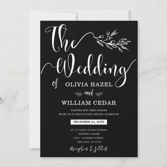 Elegant Black White Botanical Calligraphy Wedding  Invitation (Front)