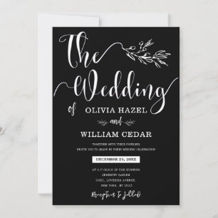 Elegant Black White Botanical Calligraphy Wedding Invitation