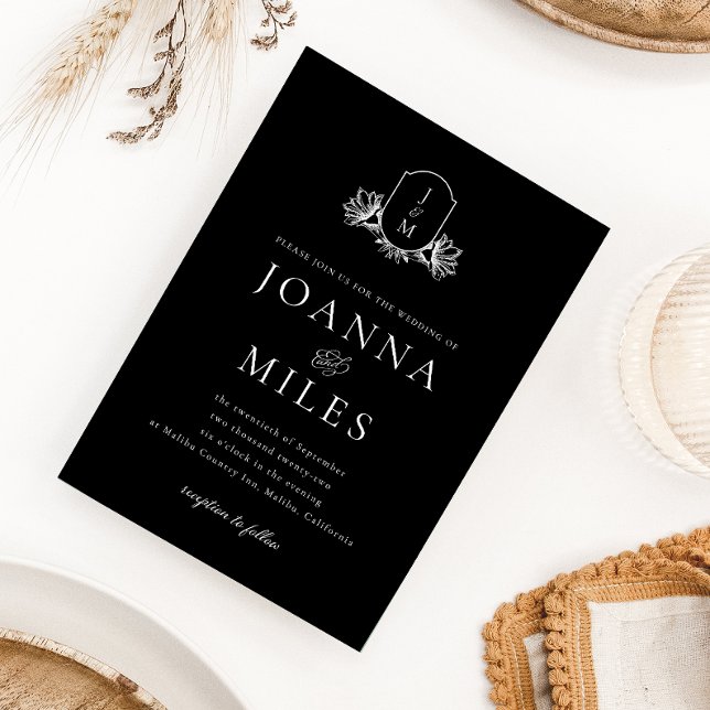 Elegant Black & White Botanical Monogram Wedding Invitation (Creator Uploaded)