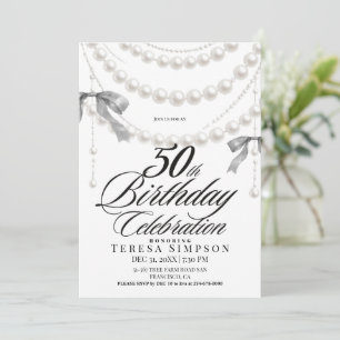 Elegant Black & White Bow 50th Birthday Invitation
