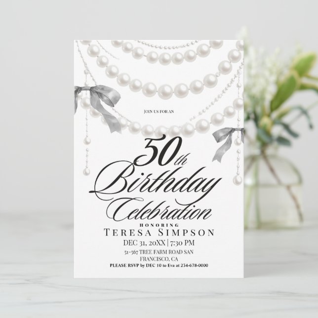 Elegant  Black & White Bow 50th Birthday  Invitation (Standing Front)