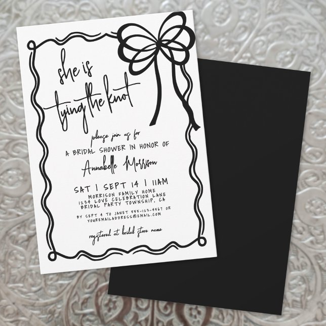 Elegant Black White Bow Bridal Shower Invitation (Hand Drawn Black White Bow Bridal Shower Invitation)
