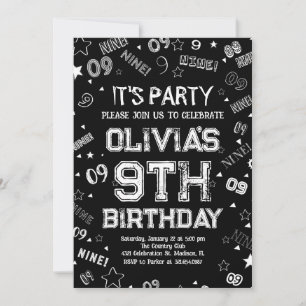 Elegant Black White Boy Number Nine Birthday Party Invitation