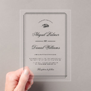 Elegant black, white branch and border wedding acrylic invitations