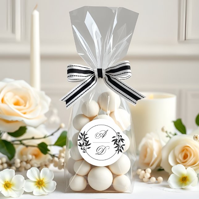 Elegant black, white branch and initials wedding classic round sticker (Creator Uploaded)