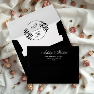 Elegant black, white branch and initials wedding envelope