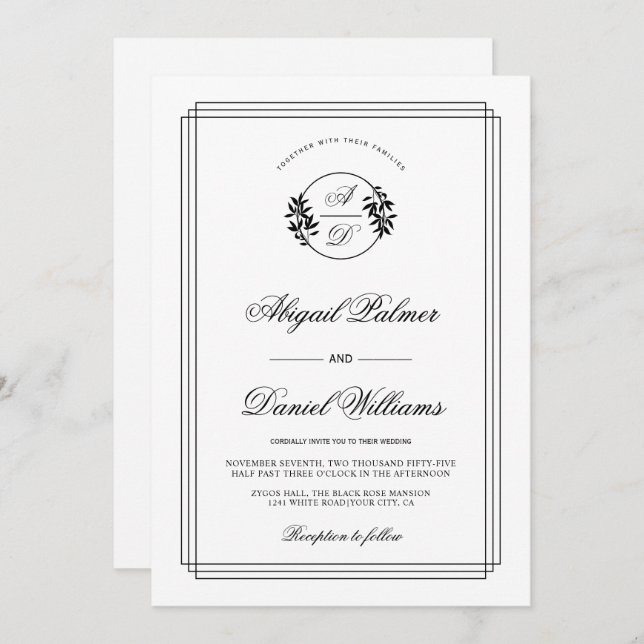 Elegant black, white branch and initials wedding i invitation (Front/Back)