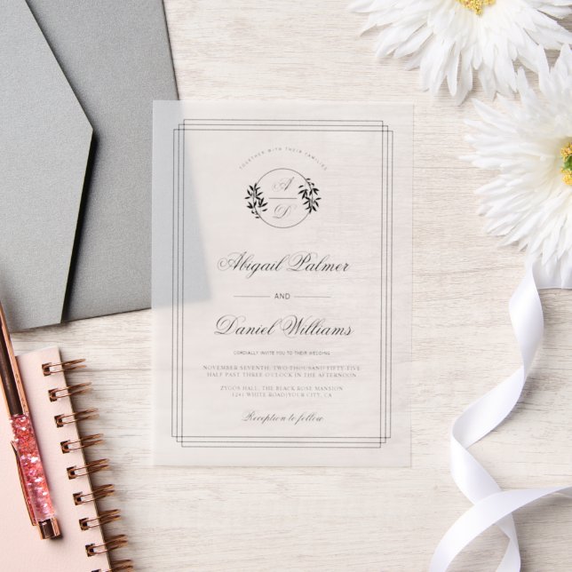 Elegant black, white branch and initials wedding vellum invitations (Wedding)