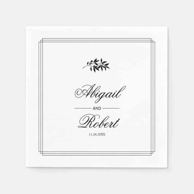 Elegant black, white branch triple border wedding napkin (Front)