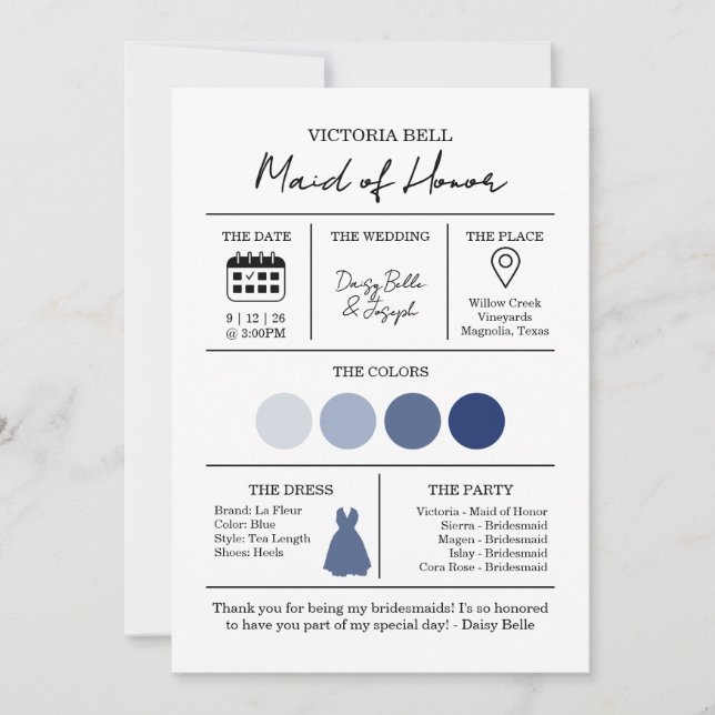 Elegant Black & White Bridesmaid Information Card (Front)