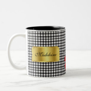 Elegant Black & White Buffalo Plaid Monogram Gold Two-Tone Coffee Mug