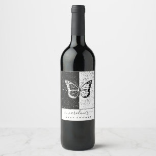 Elegant Black & White Butterfly Baby Shower Dotted Wine Label