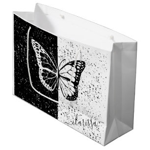 Elegant Black & White Butterfly Calligraphy Name  Large Gift Bag