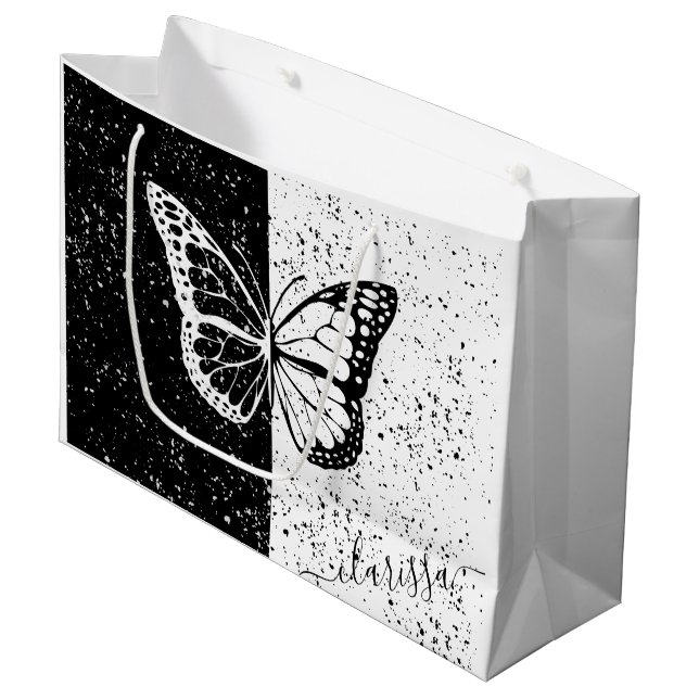Elegant Black & White Butterfly Calligraphy Name  Large Gift Bag (Front Angled)